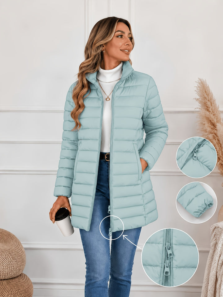 Lightweight quilted coat with stand collar and double zip front, light cyan puffer jacket.