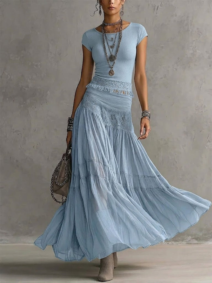 Two-Piece Bohemian Style Short Sleeve Top and Skirt Set