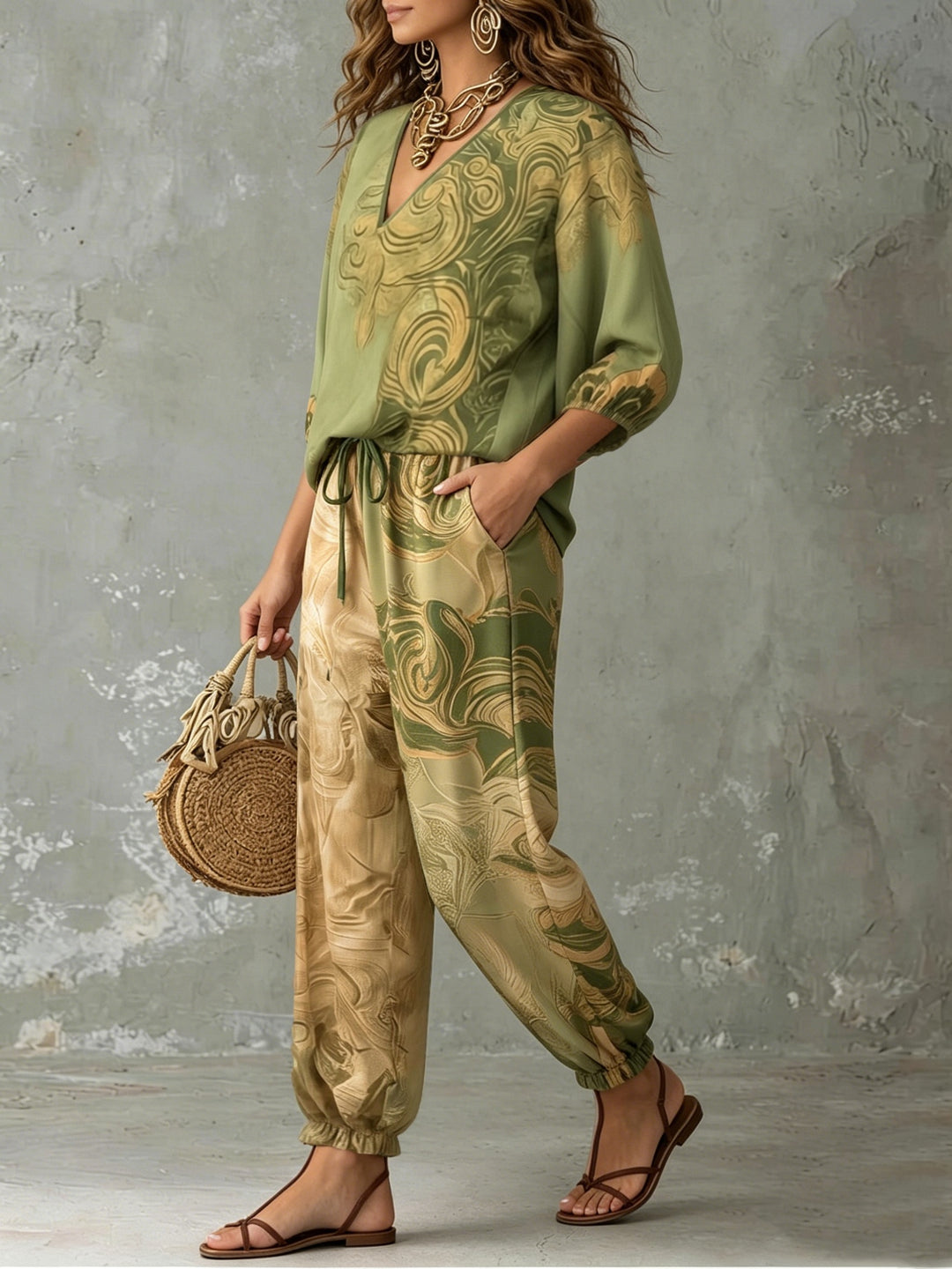 Genevieve | V-Neck Top & Cuffed Wide-Leg Trousers Set