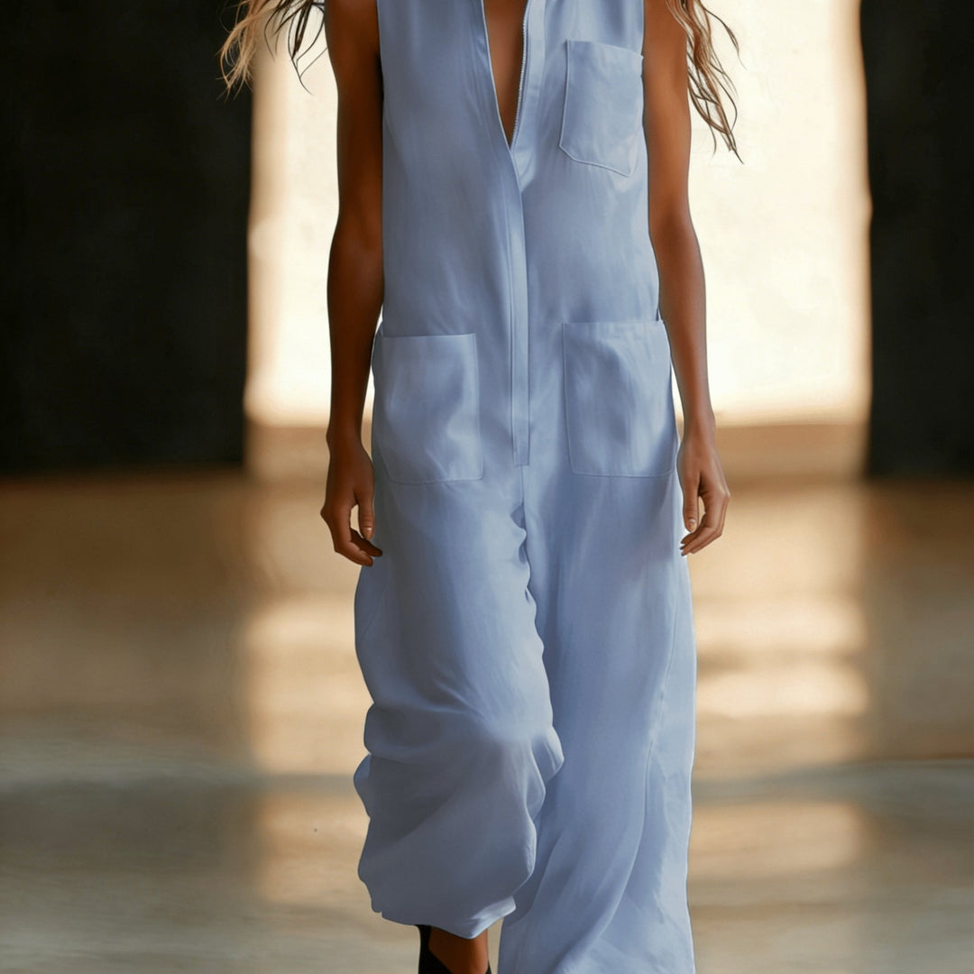 Sleeveless wide-leg jumpsuit for women, plain colour with pockets, half-zip and open front - Casual wear for commuting
