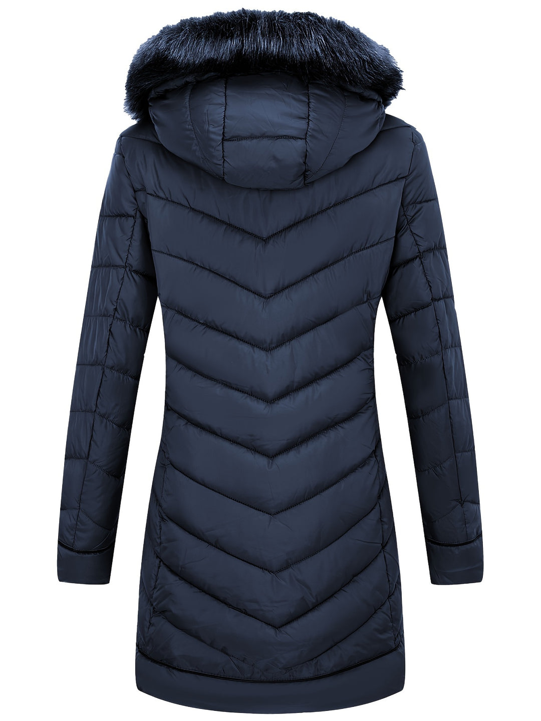 Dark blue slim-fit hooded faux fur winter coat, quilted puffer back view with front zip.