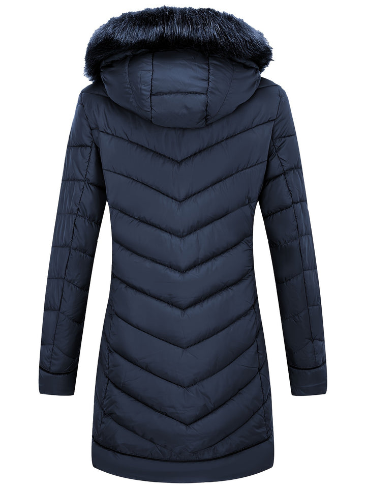 Dark blue slim-fit hooded faux fur winter coat, quilted puffer back view with front zip.