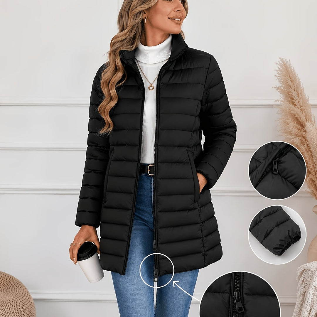 Black lightweight quilted coat with raised stand collar and double front zips