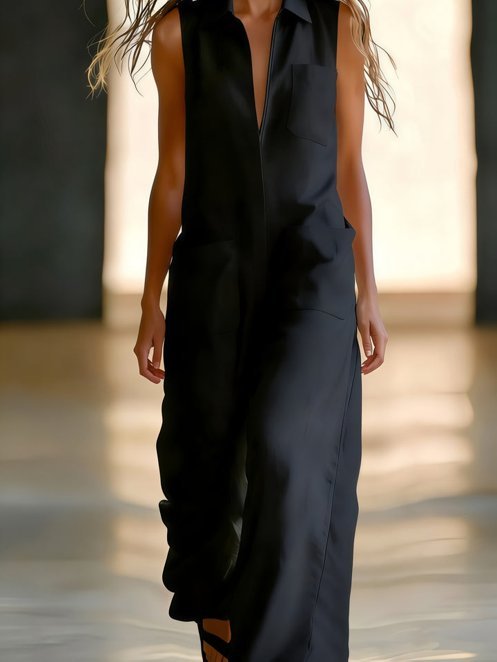 Sleeveless wide-leg jumpsuit for women, plain colour with pockets, half-zip and open front - Casual wear for commuting