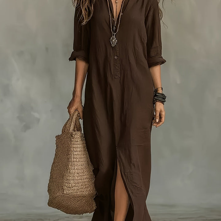 New Spring/Summer Plain Coloured Pullover-Collar Long Dress with Half-Open Collar and Slits at the Front and Back, Casual Shirt Dress in a Relaxed Style, Suitable for Leisure, Travel, Beach, and Daily Use in Spring/Summer, Machine Washable