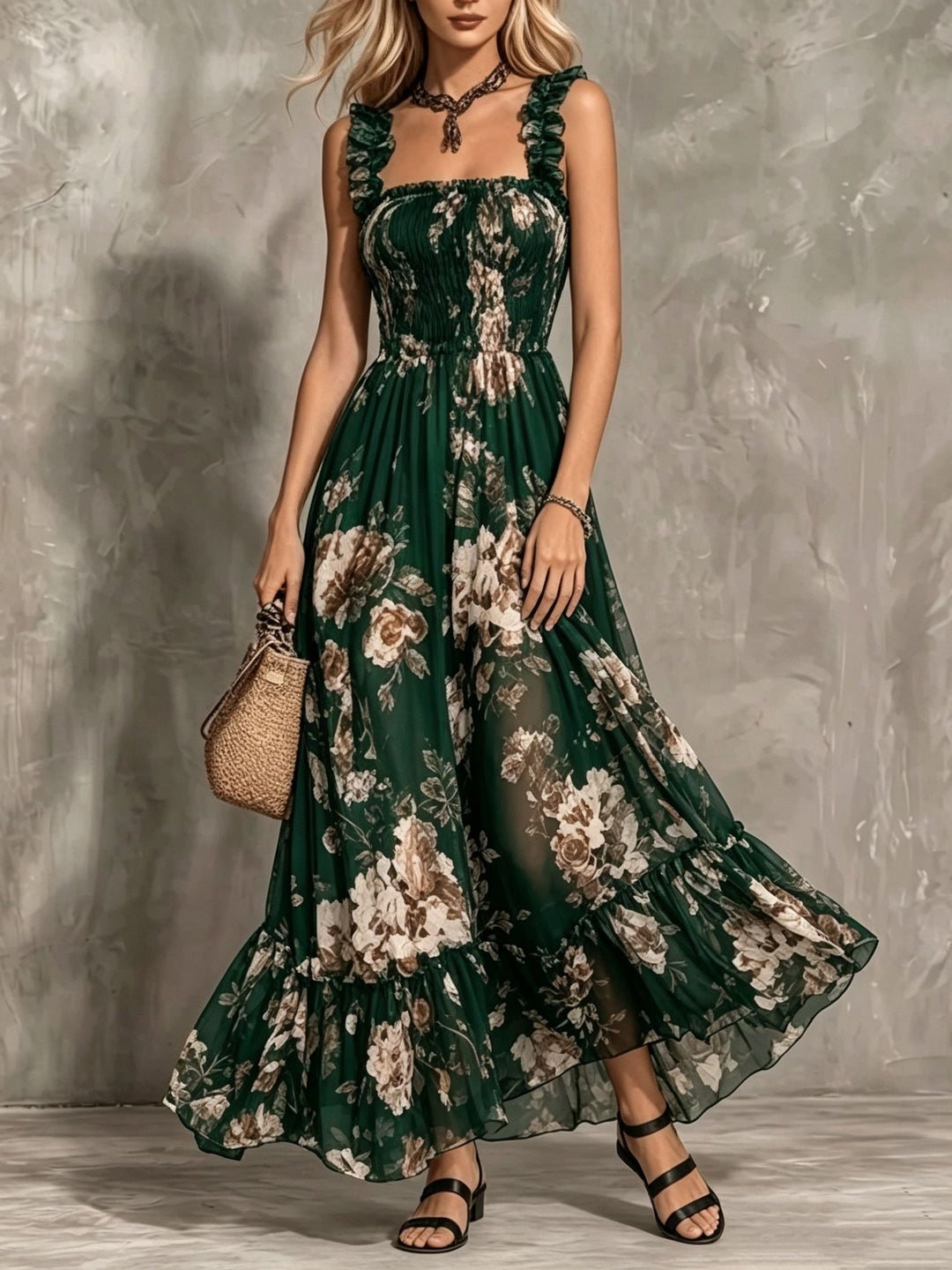 Delphine | Vintage Square Neck Pleated Floral Dress