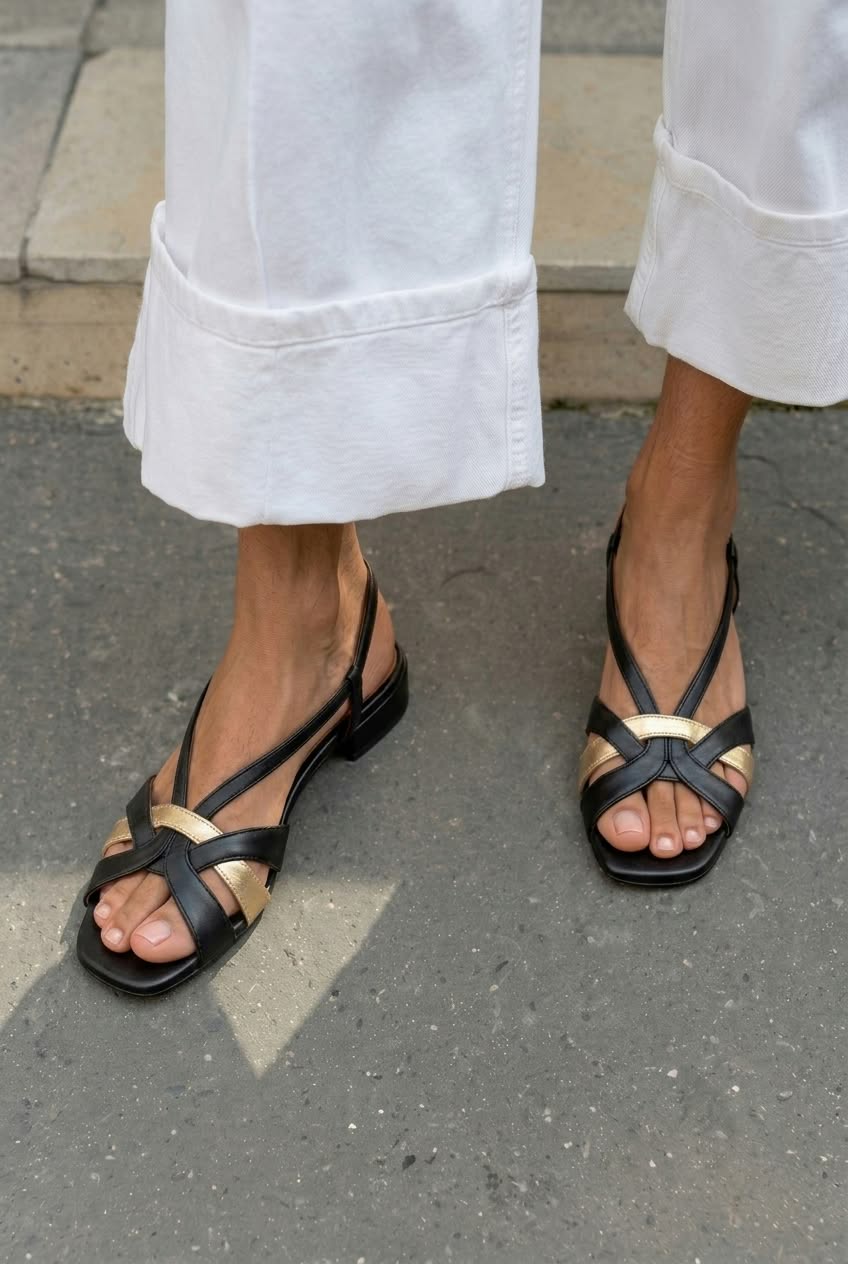 Square toe slingback sandals with crossed straps and low heel