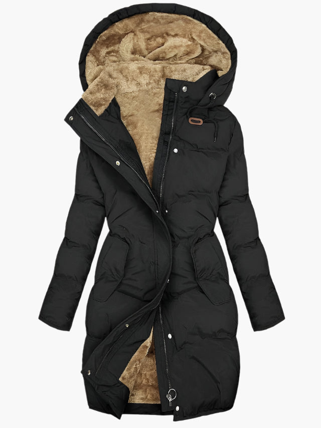 Women's long quilted hooded winter coat, black with tan faux-fur lining and zip.