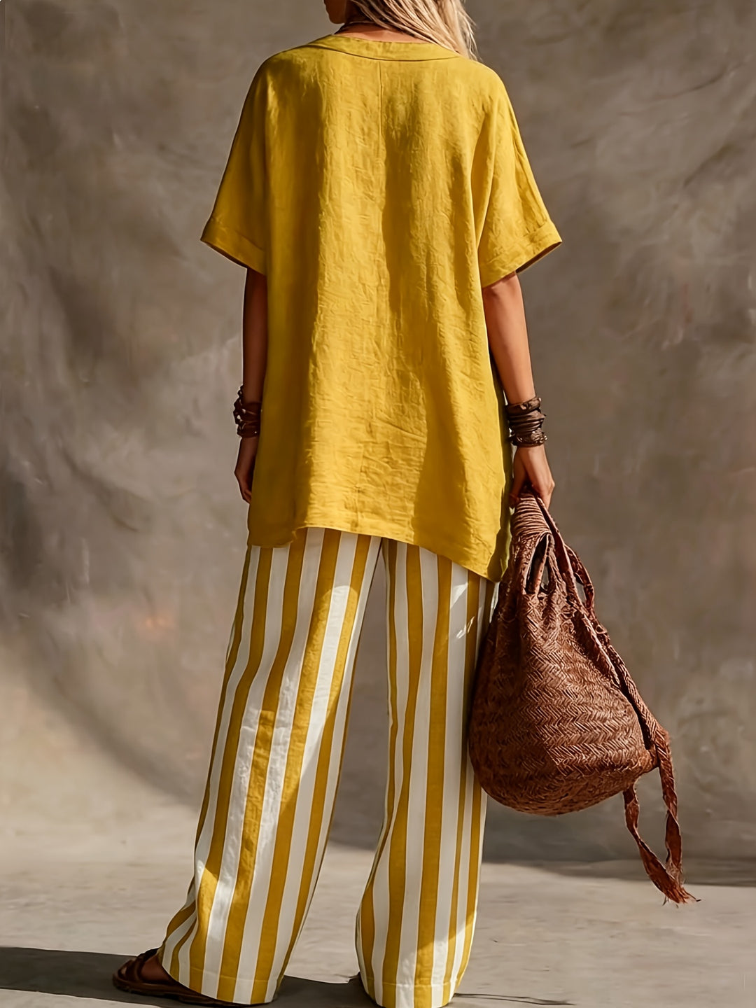 Ines | V-Neck Top & Striped Wide-Leg Trousers Set