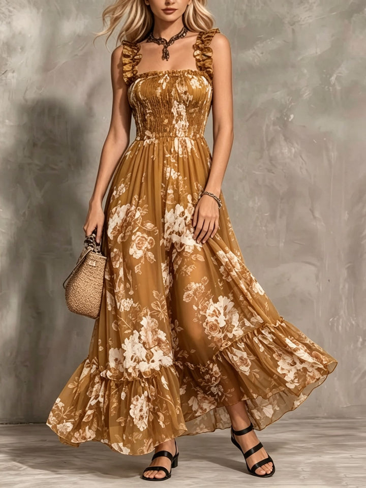 Delphine | Vintage Square Neck Pleated Floral Dress