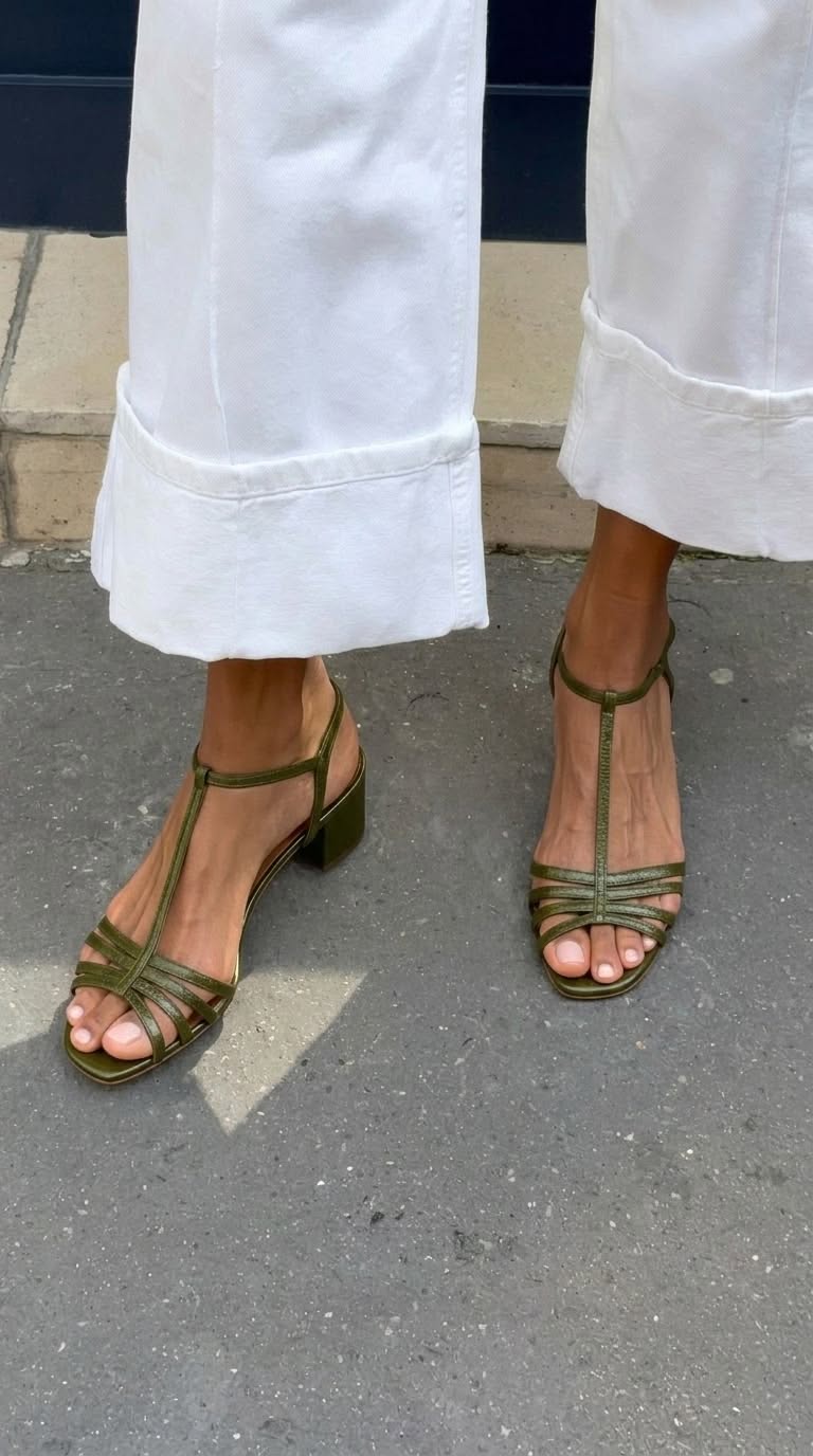 Metallic sandals with buckle, T-strap and block heel