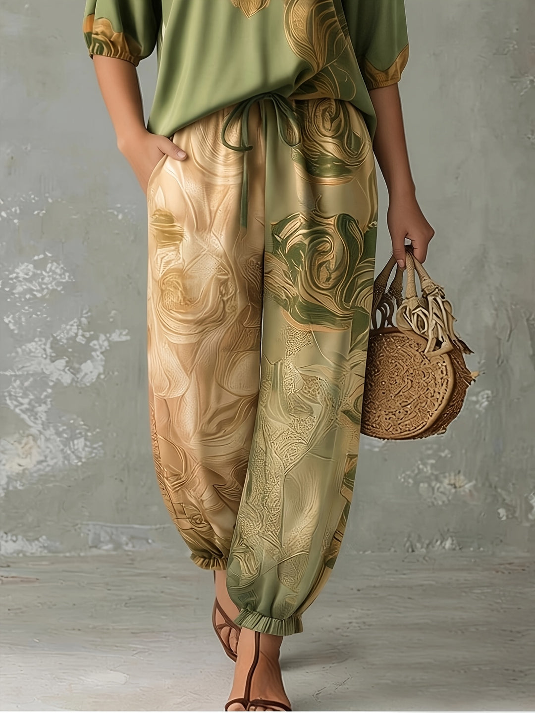 Genevieve | V-Neck Top & Cuffed Wide-Leg Trousers Set