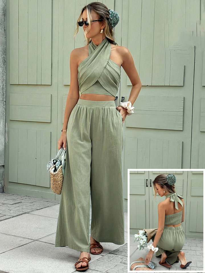Fiora | Cross Halter Crop Top & Wide Leg Trousers Set