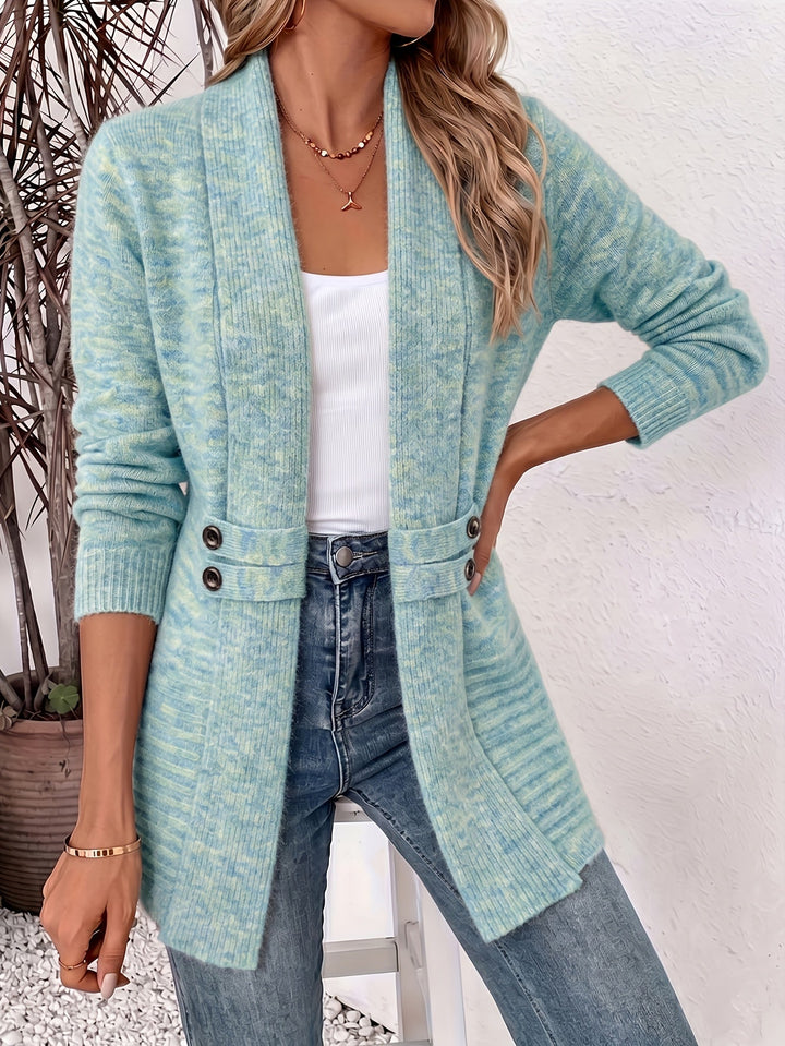 Light blue knit ladies cardigan, open front with two-button placket and side pockets.