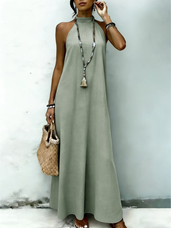AMNFUIL Bohemian Maxi Dress with Neck Cord for Women - Sleeveless Beach Dress with Button Closure at the Back, Plain Fitted Long Dress Suitable for Weddings, Pool Parties, Casual Wear, Machine Washable Elegant Dress