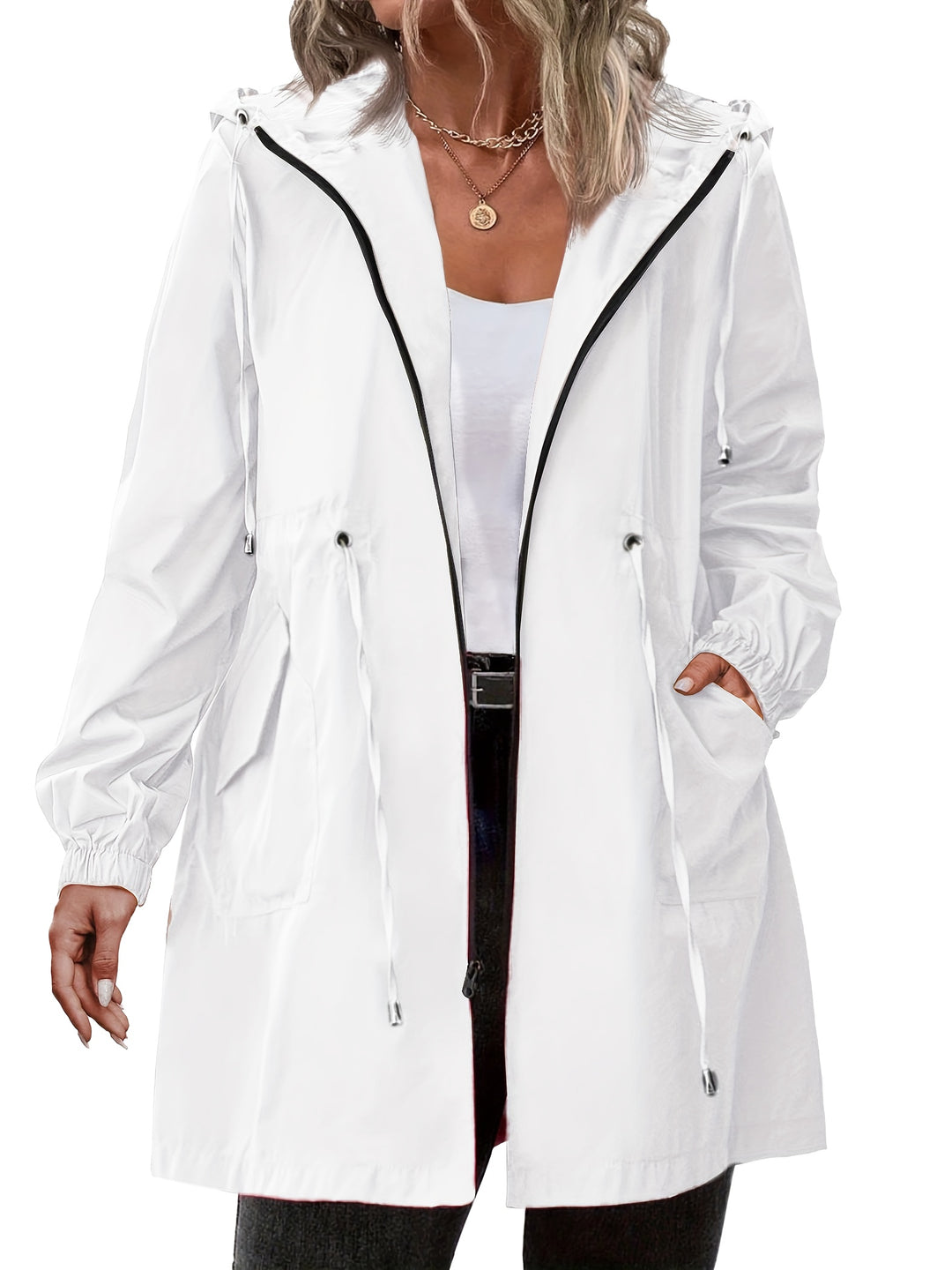 Lightweight hooded zip jacket in white with drawstring waist and front pockets