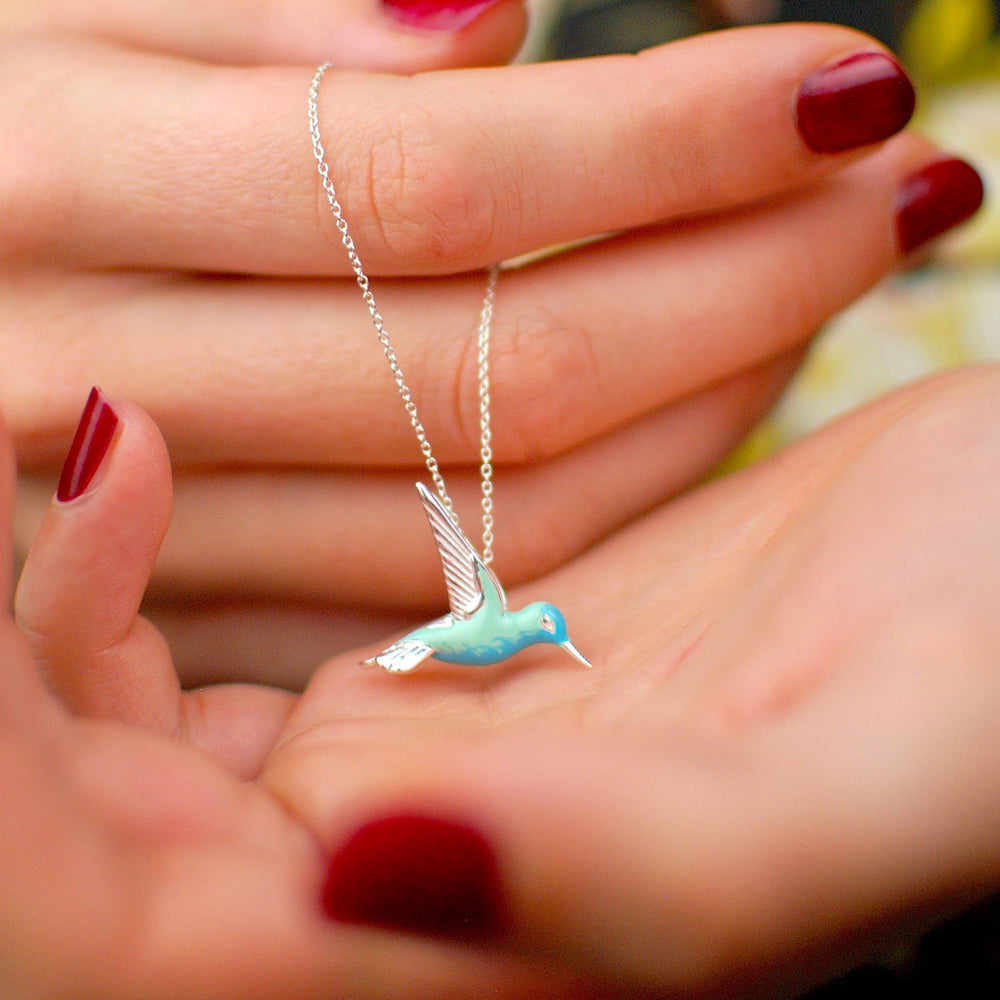 Silver chain necklace with blue enamel hummingbird pendant