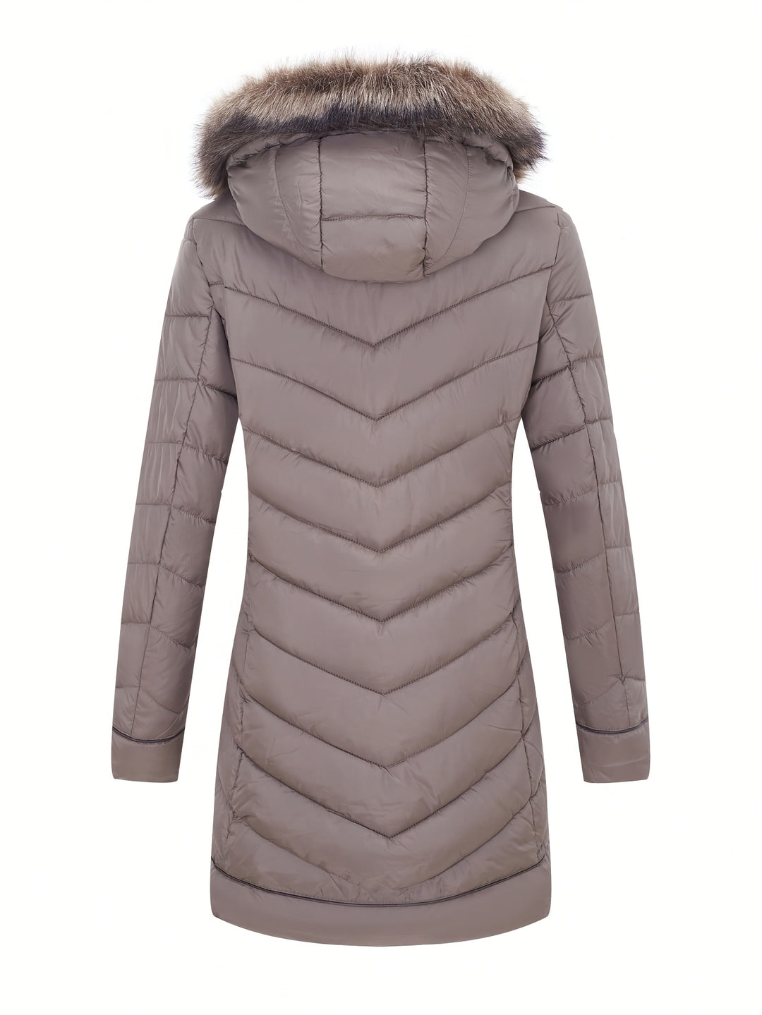 Taupe slim-fit hooded faux fur winter coat, quilted puffer body with front zip.