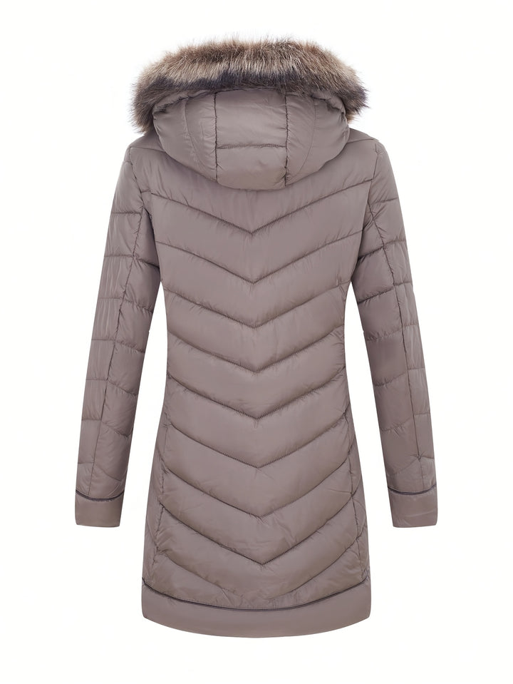 Taupe slim-fit hooded faux fur winter coat, quilted puffer body with front zip.