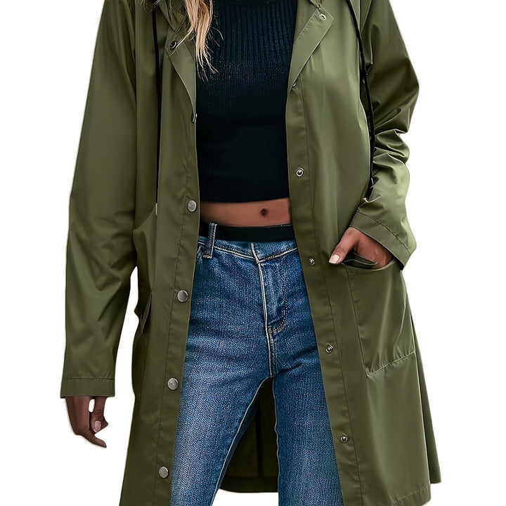 Windproof hooded trench coat, green with button front and side pockets