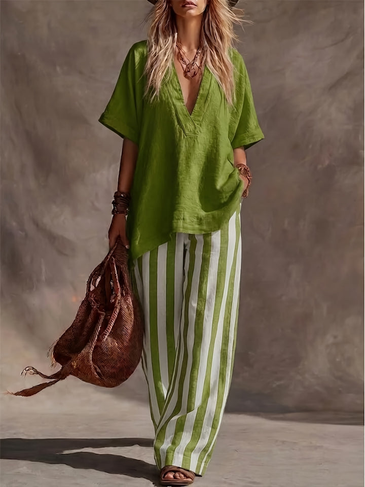 Ines | V-Neck Top & Striped Wide-Leg Trousers Set