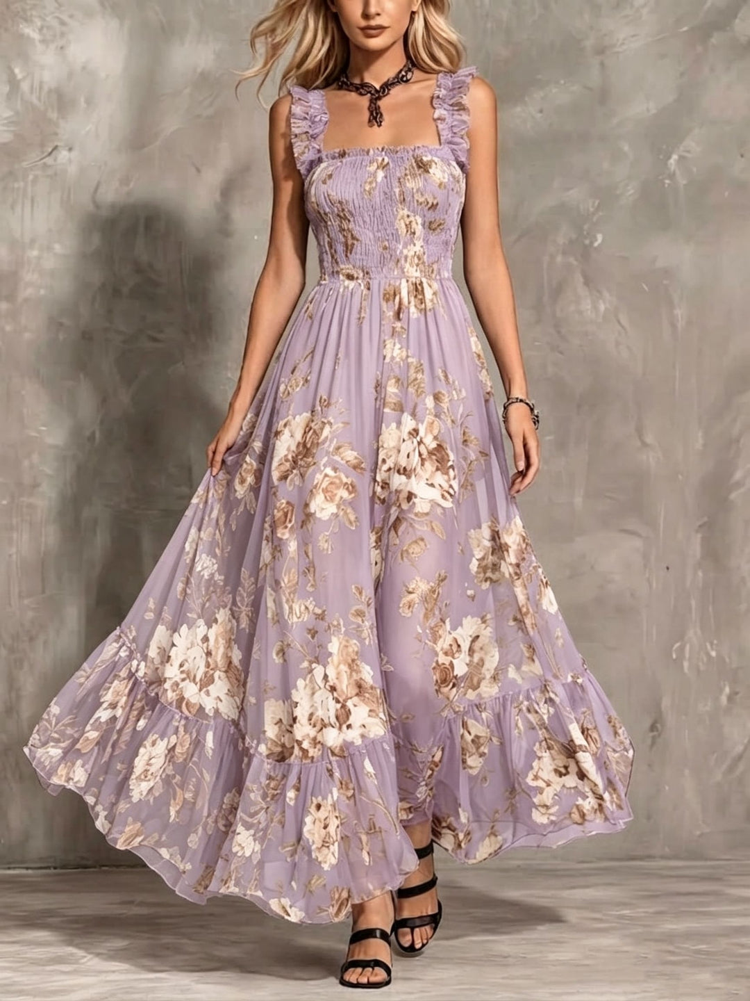 Delphine | Vintage Square Neck Pleated Floral Dress