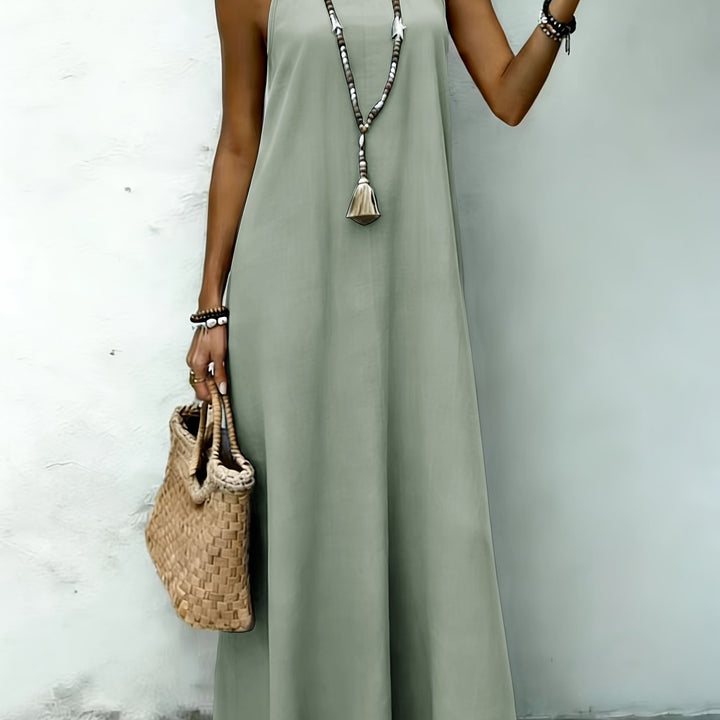AMNFUIL Bohemian Maxi Dress with Neck Cord for Women - Sleeveless Beach Dress with Button Closure at the Back, Plain Fitted Long Dress Suitable for Weddings, Pool Parties, Casual Wear, Machine Washable Elegant Dress