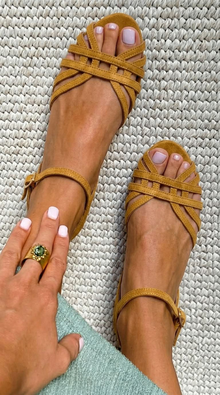 Faux Suede Low Sandals with Ankle Strap and Multiple Straps