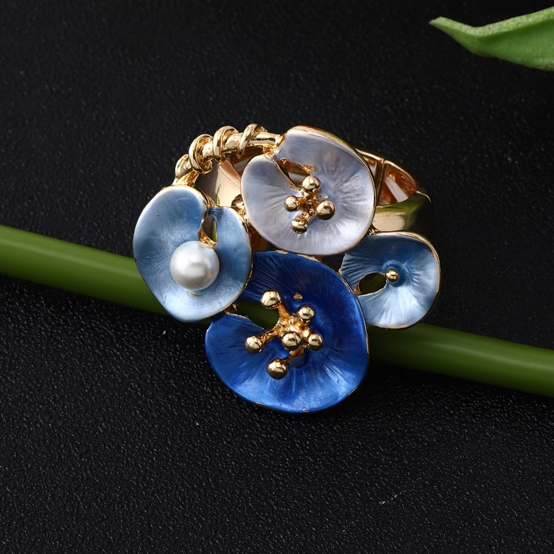 Blue Floral Pearl Adjustable Statement Ring