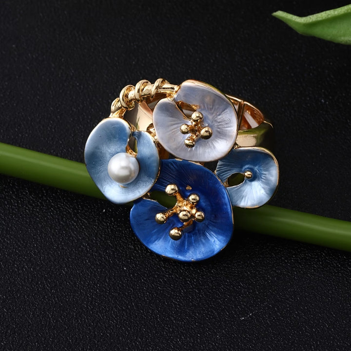 Blue Floral Pearl Adjustable Statement Ring