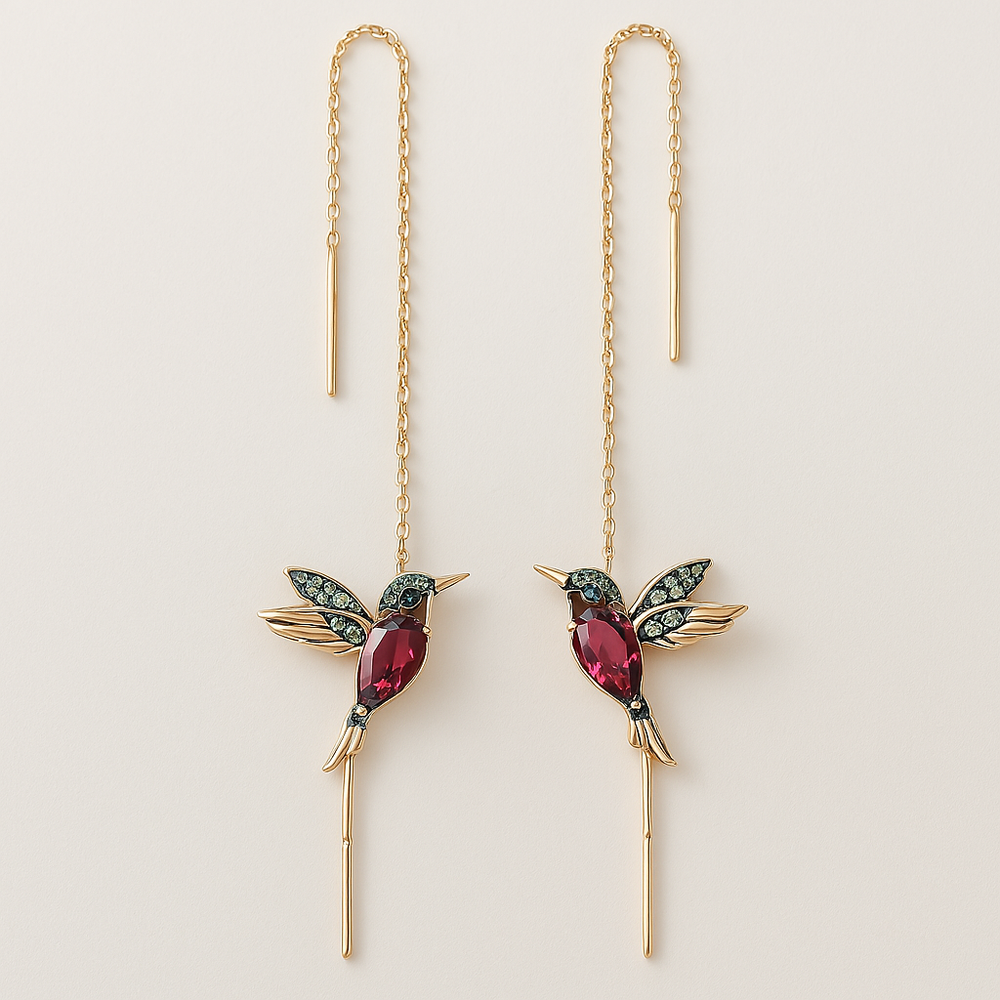 Hummingbird drop earrings with red zirconia stones, gold-tone chains and long straight posts