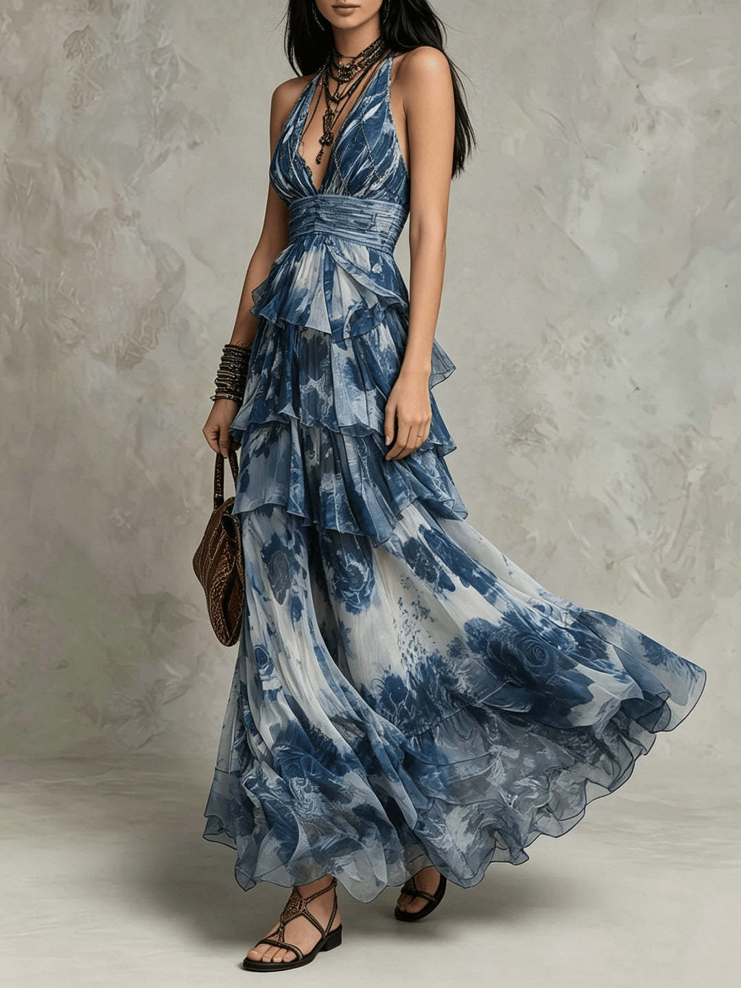 Azure | Tiered Ruffle Halter Maxi Dress