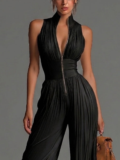 Black Chiffon Sleeveless Jumpsuit with Zip and Wide Leg Pleats