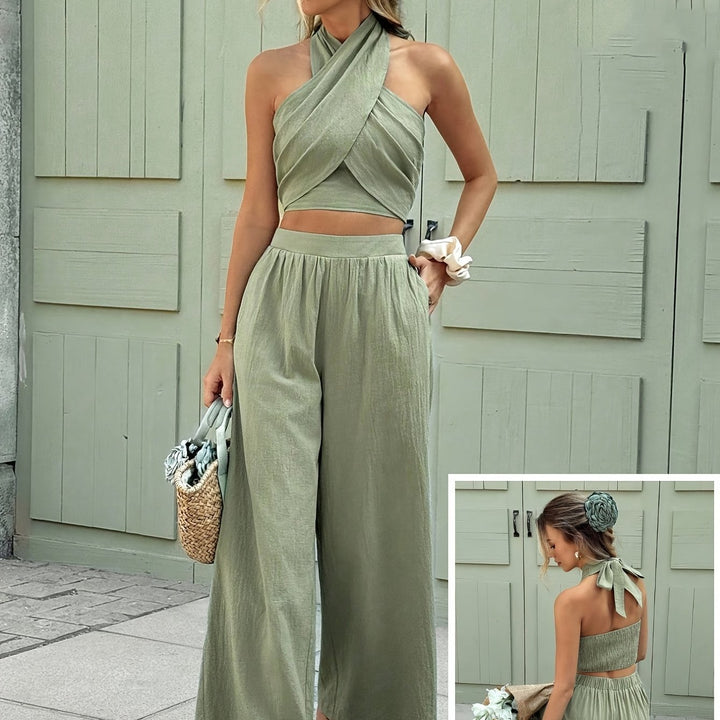 Fiora | Cross Halter Crop Top & Wide Leg Trousers Set