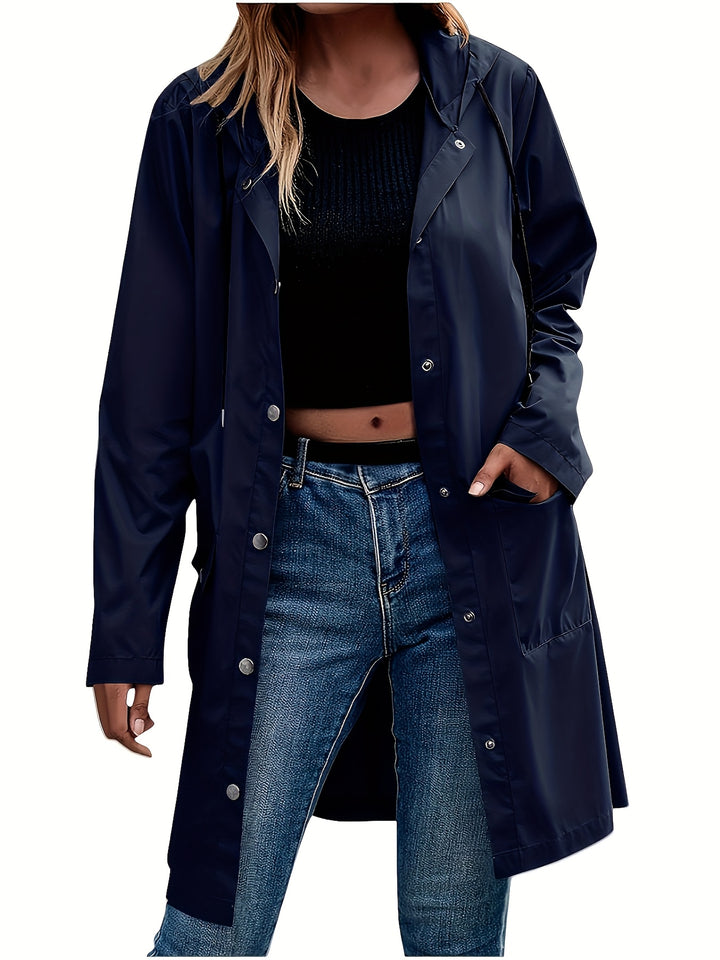 Navy blue hooded trench coat with snap front, long sleeves, and side pockets