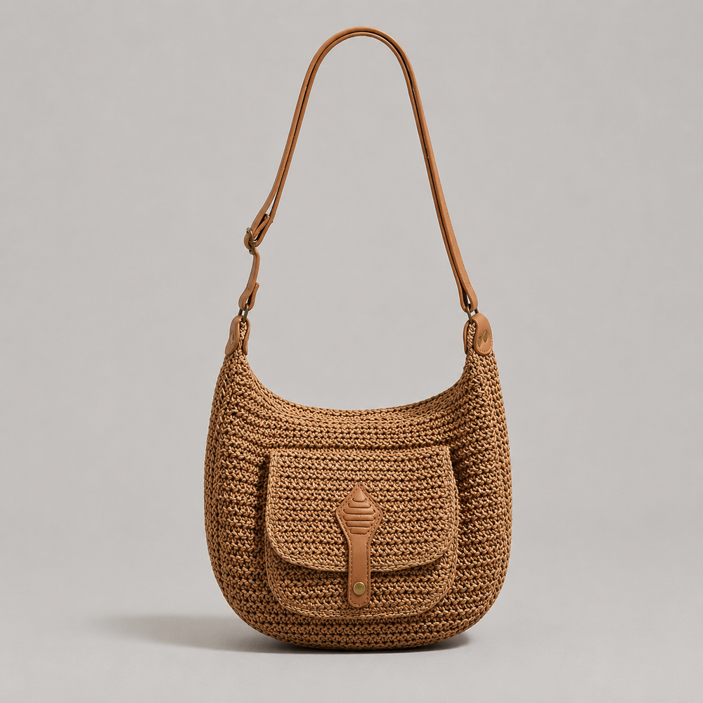 Sienna woven everyday shoulder bag, dark khaki crocheted knit with front flap pocket and tab