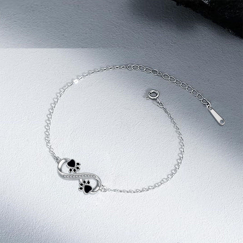 Silver chain pet paw bracelet with infinity charm and lobster clasp