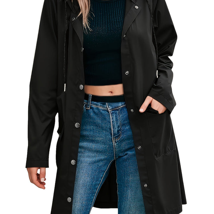 Windproof hooded trench coat, black with button front and side pockets