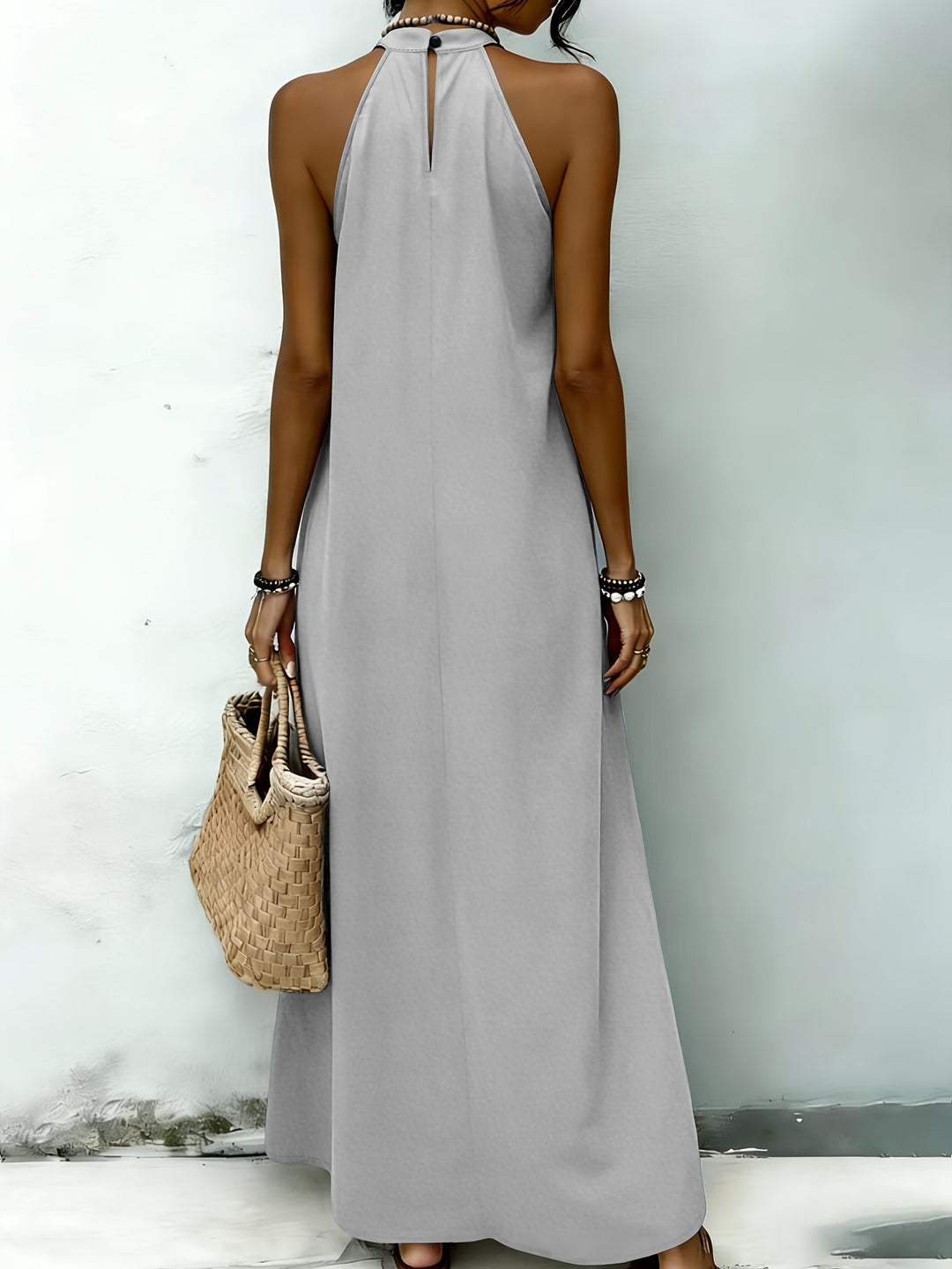 AMNFUIL Bohemian Maxi Dress with Neck Cord for Women - Sleeveless Beach Dress with Button Closure at the Back, Plain Fitted Long Dress Suitable for Weddings, Pool Parties, Casual Wear, Machine Washable Elegant Dress