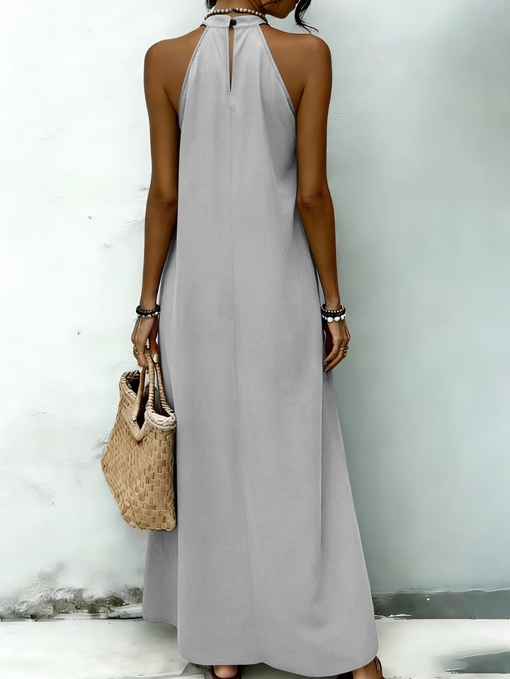 AMNFUIL Bohemian Maxi Dress with Neck Cord for Women - Sleeveless Beach Dress with Button Closure at the Back, Plain Fitted Long Dress Suitable for Weddings, Pool Parties, Casual Wear, Machine Washable Elegant Dress