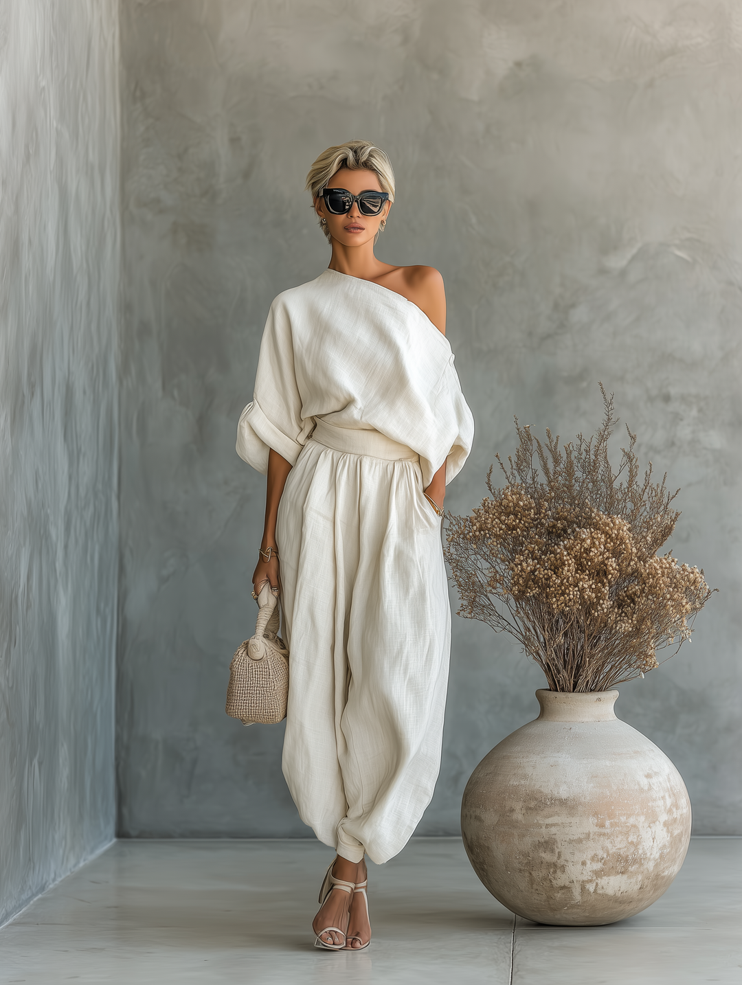 Women's Off-White Linen Set with Off-Shoulder Top and Tapered Trousers