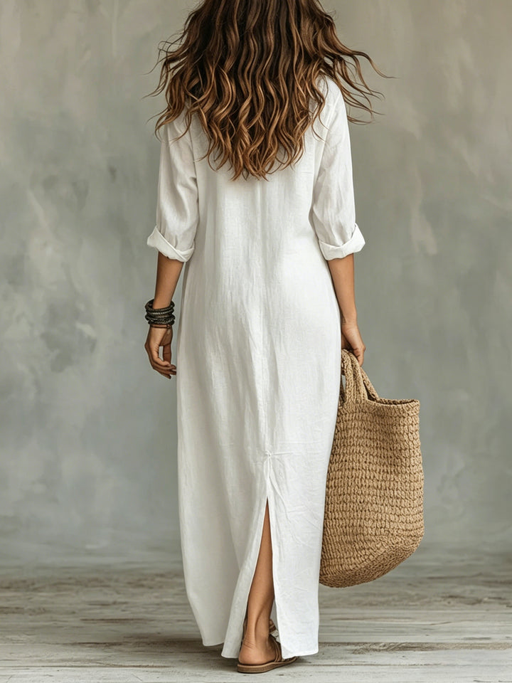 New Spring/Summer Plain Coloured Pullover-Collar Long Dress with Half-Open Collar and Slits at the Front and Back, Casual Shirt Dress in a Relaxed Style, Suitable for Leisure, Travel, Beach, and Daily Use in Spring/Summer, Machine Washable