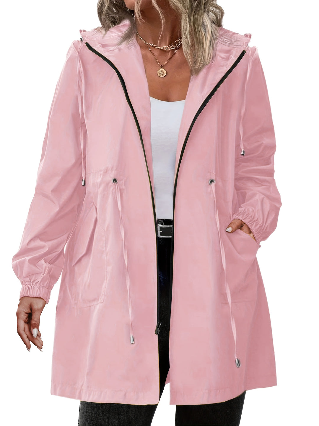 Lightweight hooded zip jacket in light pink with drawstring waist and front pockets