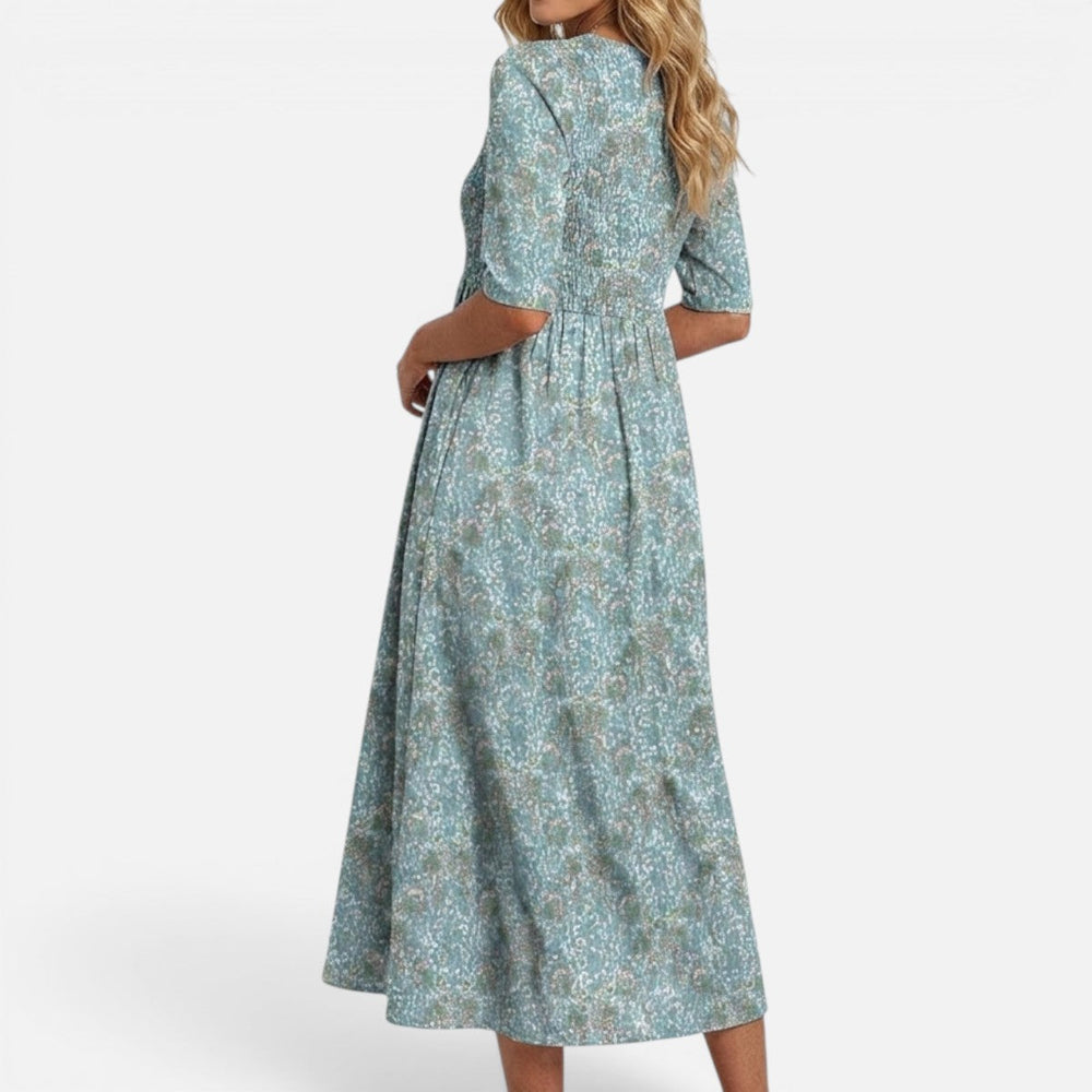 Women's midi dress, teal-blue floral print, buttoned front, gathered waist, 3/4 sleeves