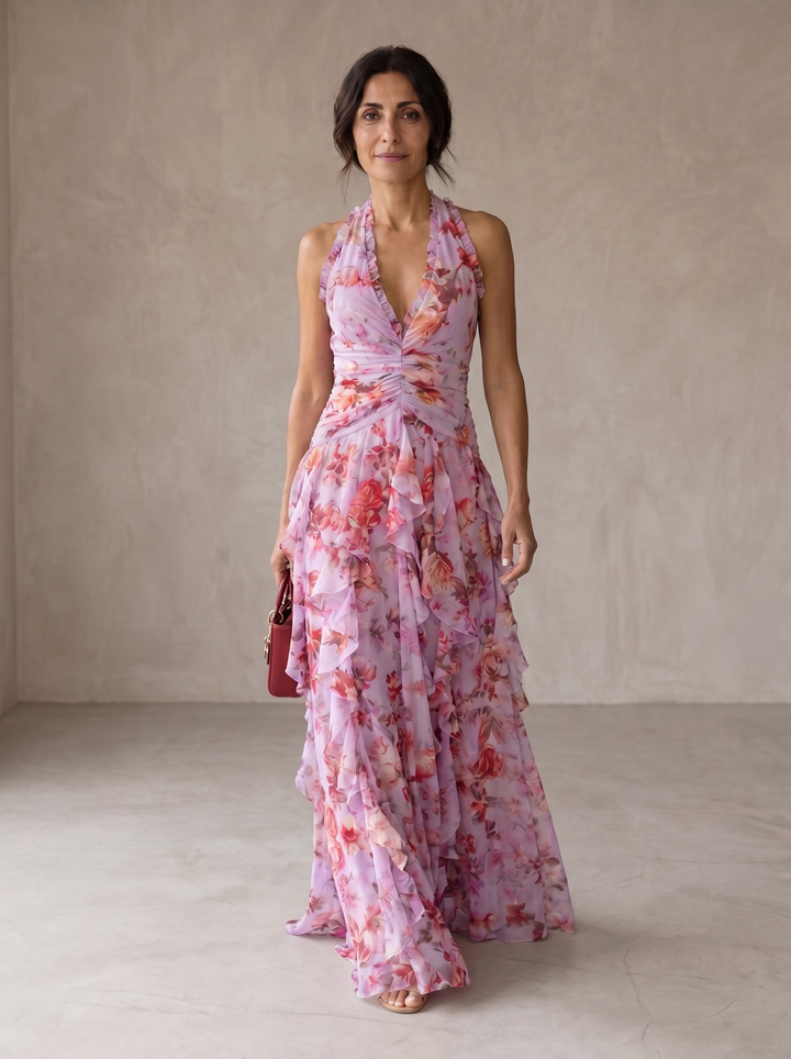 Belladina | Romantic Rose Cascade Long Dress with American Neckline