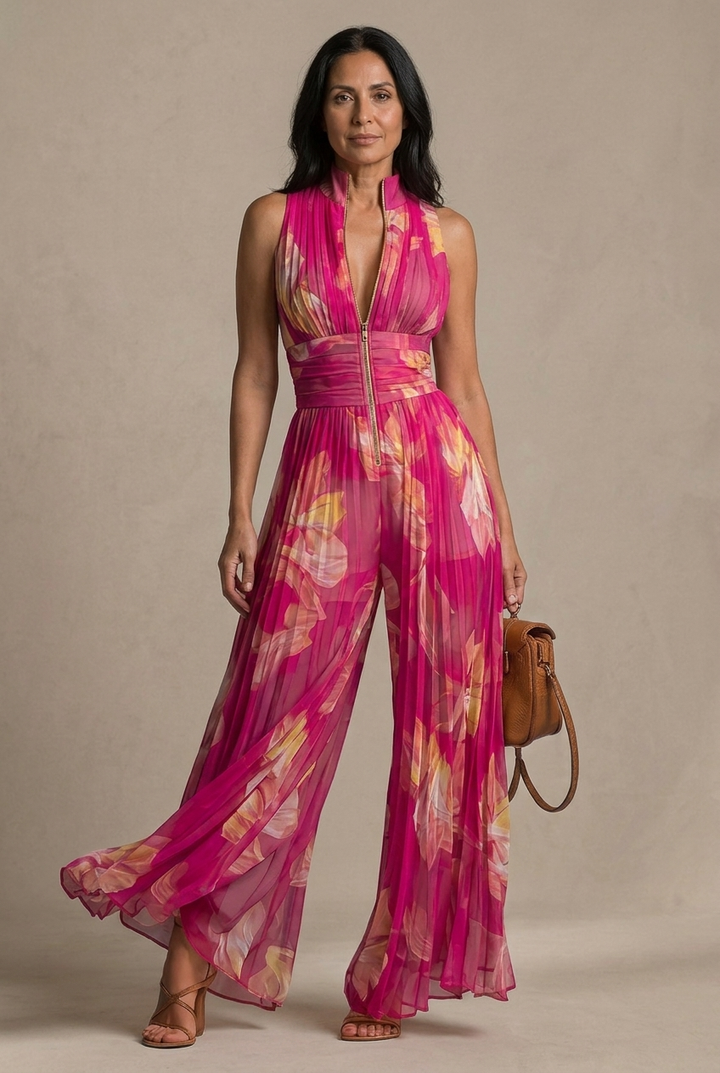 Nicole | Pleated Jumpsuit with Fuchsia Floral Print