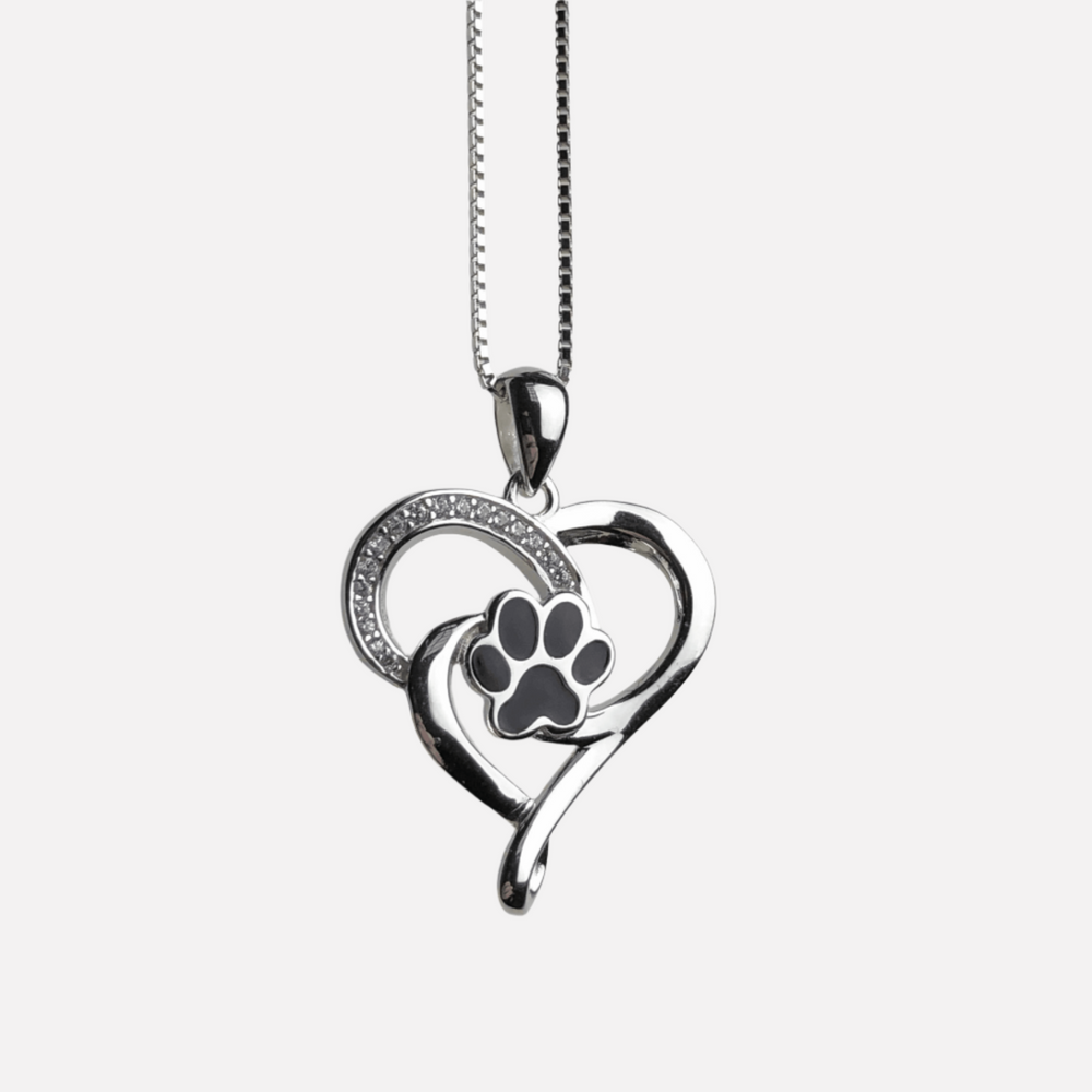 Silver heart-infinity pendant with paw print and crystal border on chain