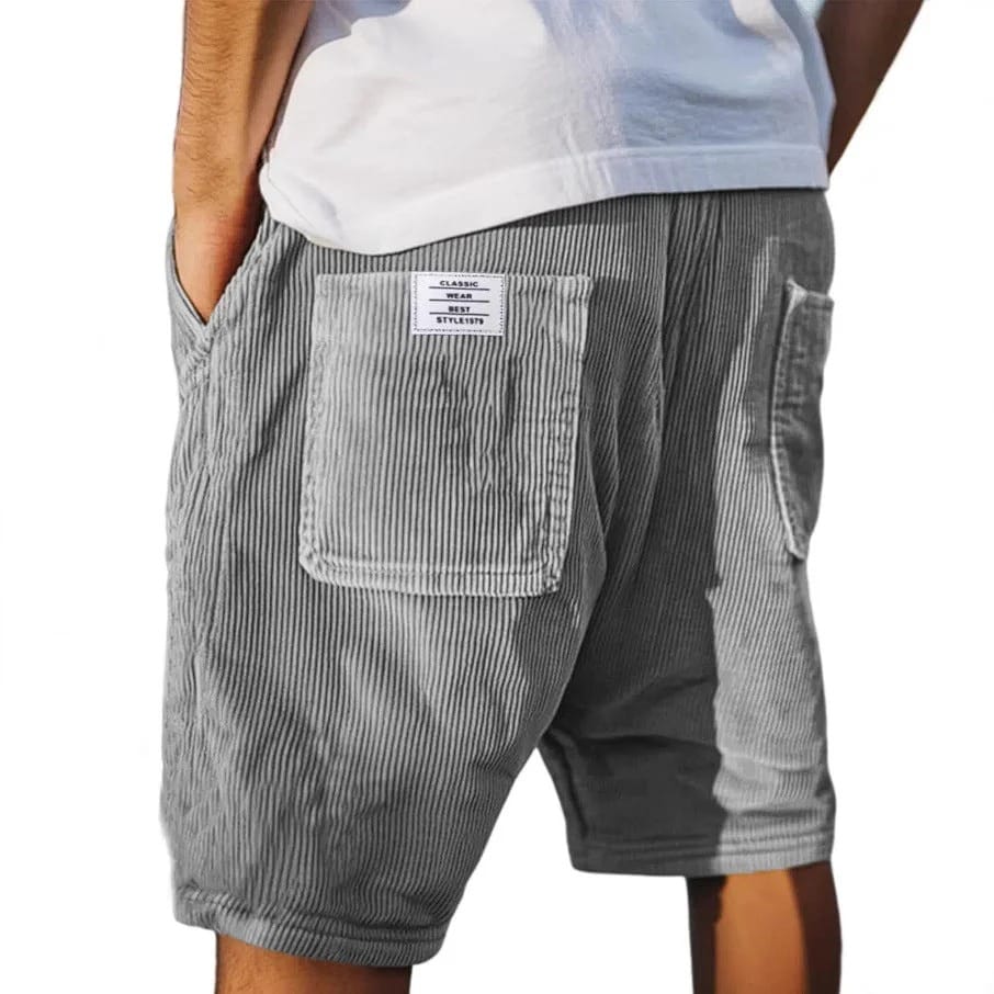 Light grey corduroy summer shorts with patch back pocket and elastic waistband