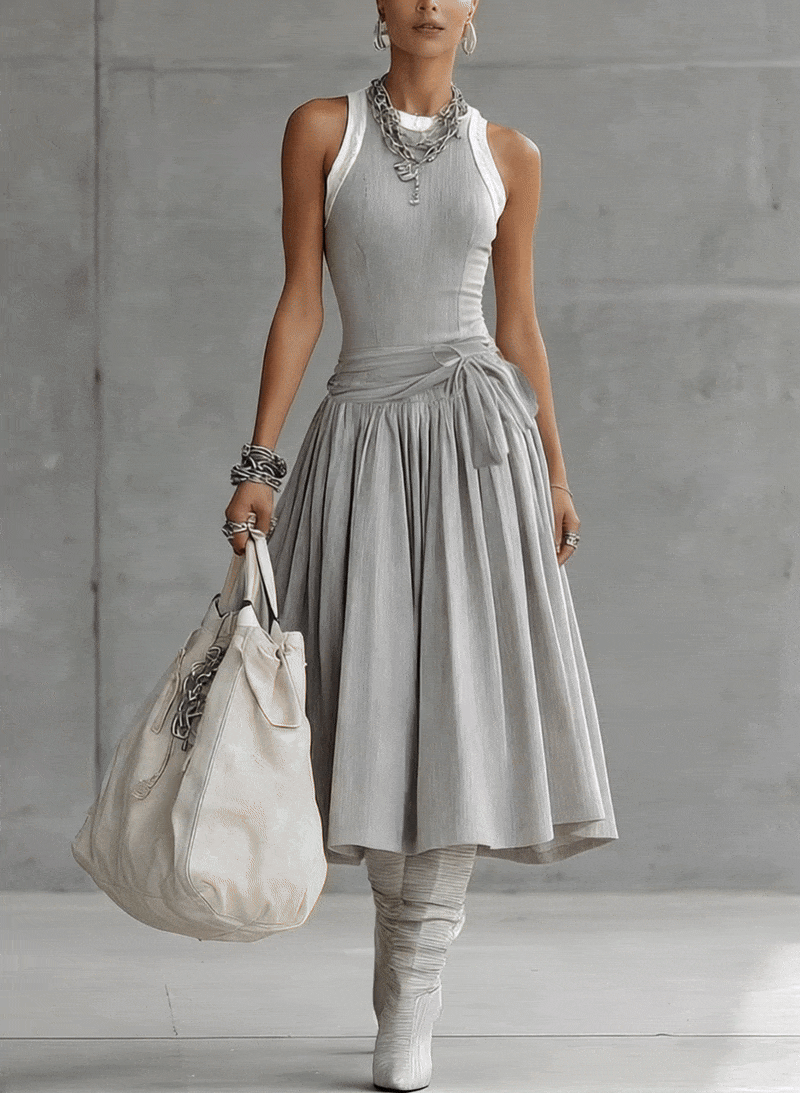 Grey Ribbed Set - Sculpted Top and Draped Midi Skirt