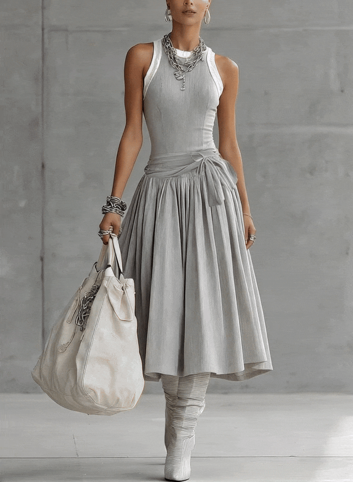 Grey Ribbed Set - Sculpted Top and Draped Midi Skirt